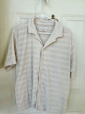 Sun + Stone Men's Cream Open-Collar Knit Button-Down Shirt